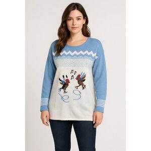 Woman Within Sweater Womens 18/20 L Blue White Ice Skating Birds Holiday Winter